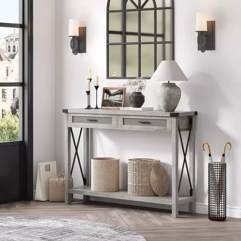 Entryway Table with Rattan Drawers, 43 in Wooden Console Table for Entryway, Sofa Table with Storage for Living Room, Hallway, Foyer