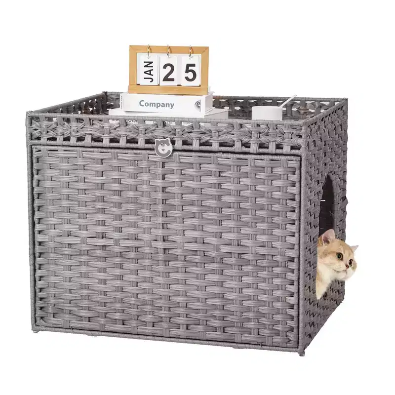 Large Rattan Hidden Cat Litter Box Enclosure Cabinet, Indoor Cat Washroom Furniture with Mat & Fence, Stylish Litter Solution for Living Room