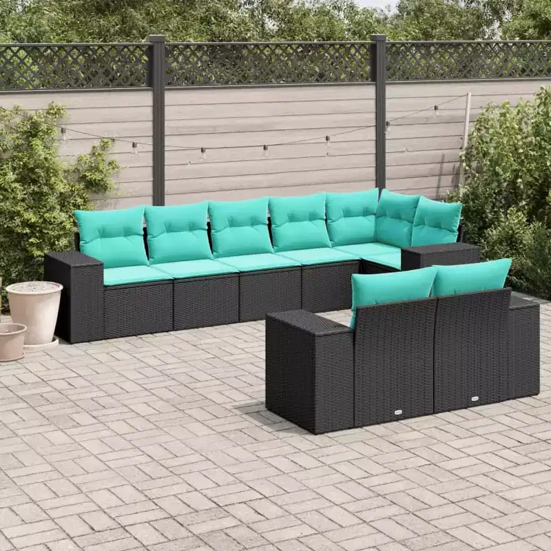 vidaXL 8 Piece Patio Sofa Set with Cushions Black Poly Rattan