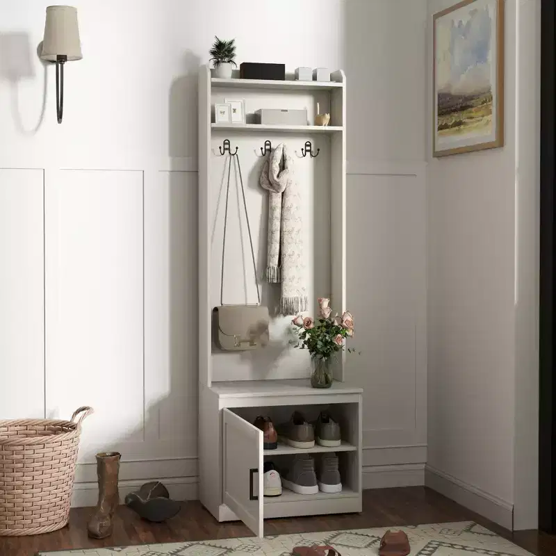 Narrow Hall Tree with Shoe Storage Bench, Rustic Entryway Bench with Coat Rack, Accent Coat Tree with Storage Shelves for Hallway, Mudroom