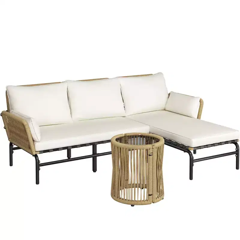 Yaheetech 3 Piece Patio Sectional L-shaped Sofa Set with Table, Cushions, Pillows for Backyard, Deck, Poolside