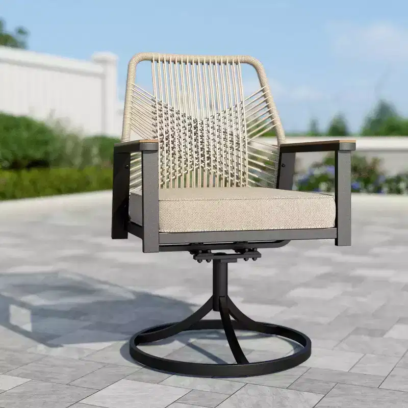 Captiva Designs 5pc Patio Slat-top Round Metal Dining Table and Thick Cushion Swivel Wicker Chairs