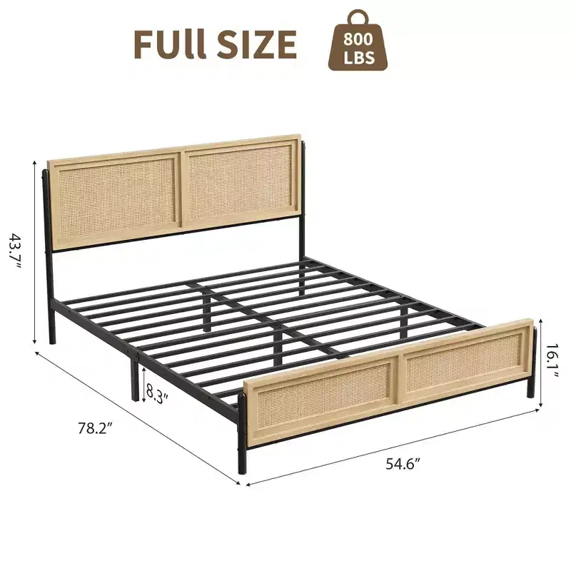 Boho Full/Queen/King Size Bed Frame with Natural Rattan Headboard and Footboard, Wooden Platform Bed, No Box Spring Needed, Noise-Free