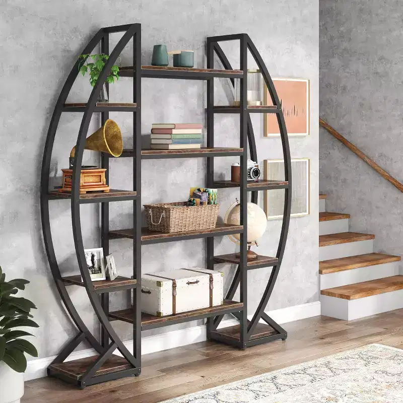 Oval Bookshelf, Triple Wide 5-Tier Etagere Bookcase, Industrial Display Shelves for Living Room, Brown, 55 Inch
