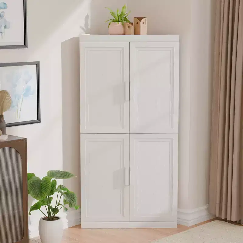 Modern Solid Wood 4 Doors Corner Storage Cabinet Efficient Storage for Home Corner Living Room White