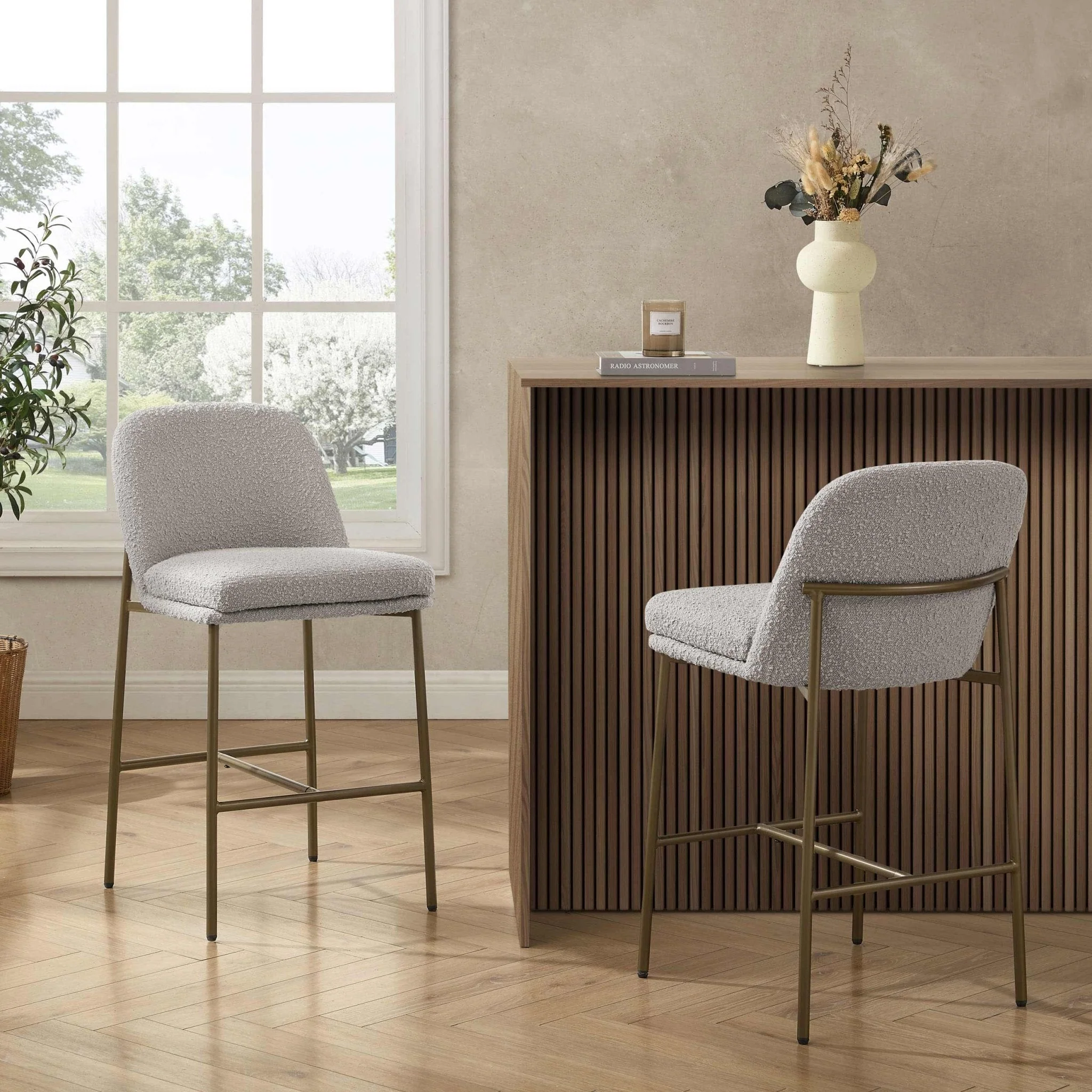 Contemporary Taupe Boucle Barstool with Built-in Footrest for Kitchen