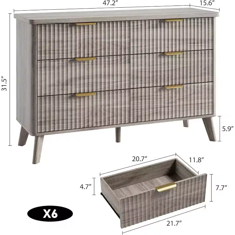 Fluted Dresser for Bedroom with 6 Deep Drawers, 47.2 in Wide Modern Chest of Drawers