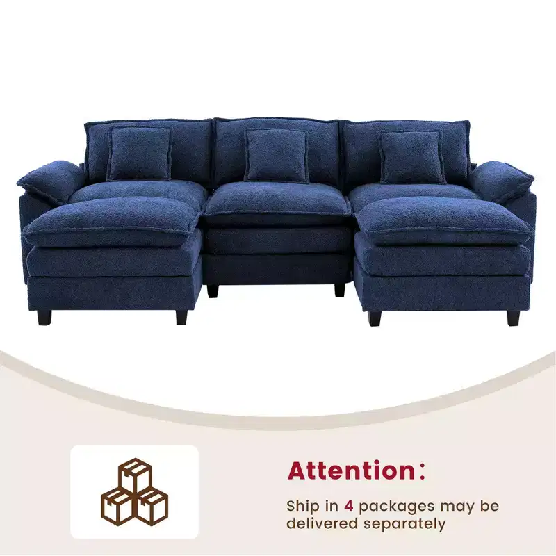 105.9 in. Chenille Fabric 5 seat Sectional Sofa with 2 Ottomans in Dark Blue