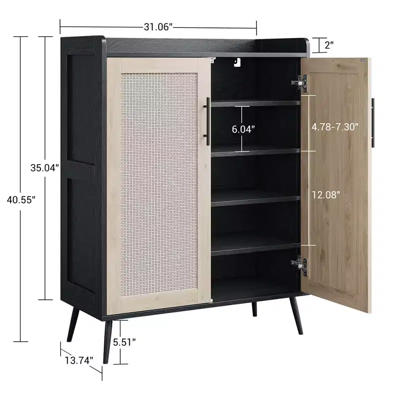 Rattan Shoe Cabinet, 5-Tier Shoe Storage Organizer Cabinet with Adjustable Shelf for Entryway, Freestanding Shoe Rack for Living Room, Entryway