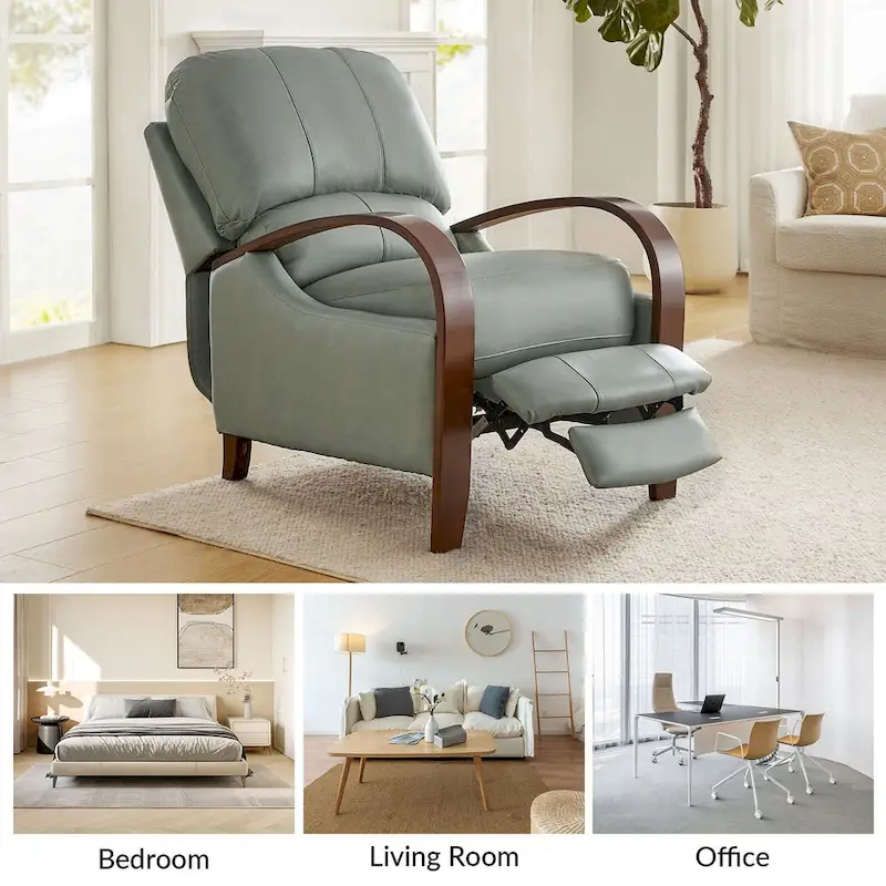 Alex Mid-century Modern Cigar Genuine Leather Manual Recliner with Wooden Curved Arms