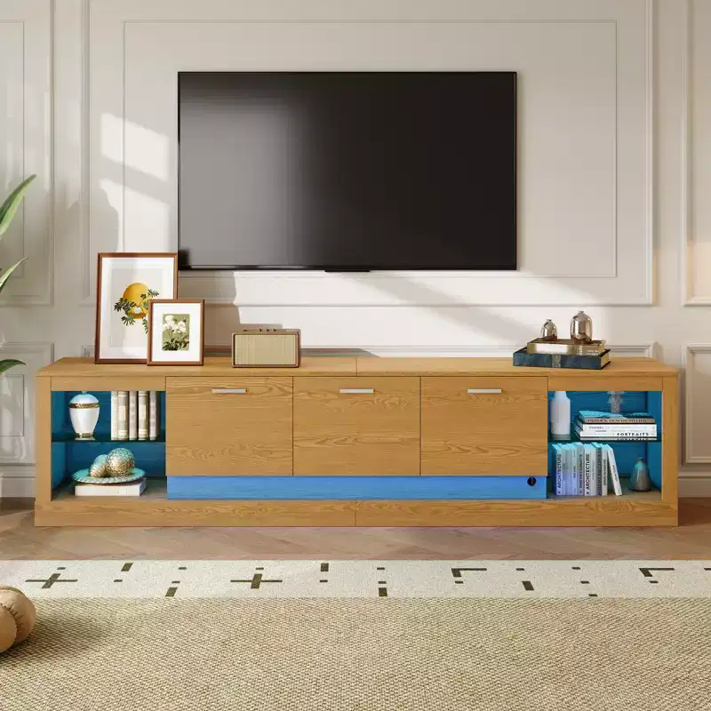 LED TV Stand for TVs up to 90, Modern TV Console Media Console Entertainment Center with Glass Shelves, Natural - ModernLuxe