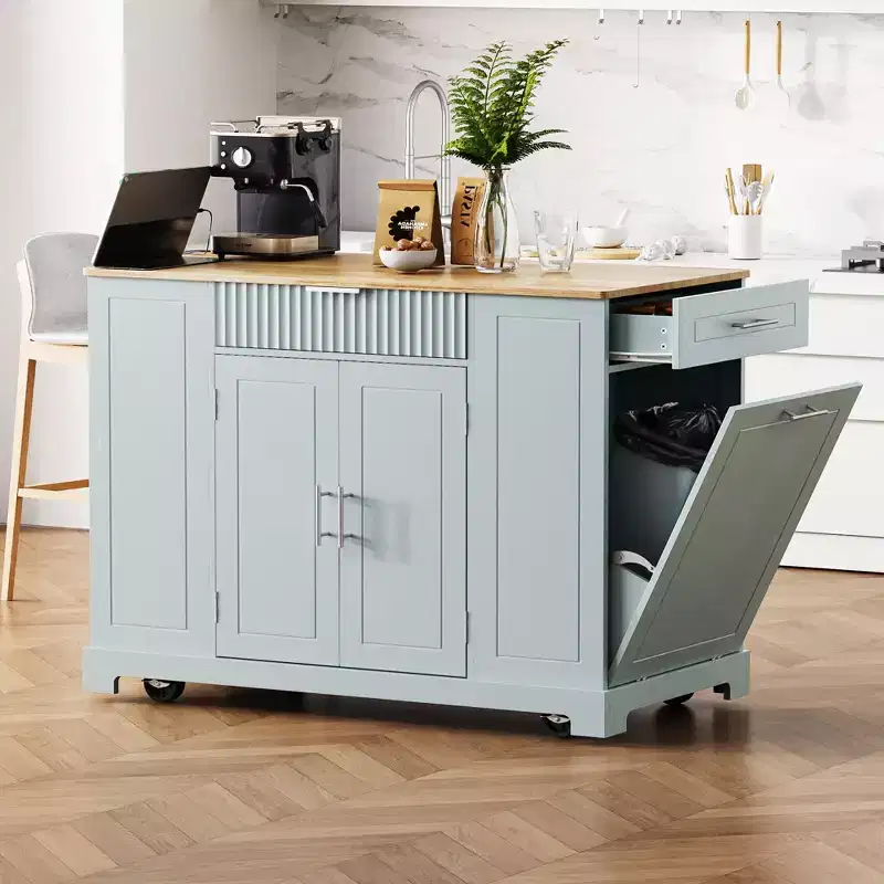 Whisen Classic Style Kitchen Islands on 5 Wheels with 3 Drawer and 3 Open Side Racks