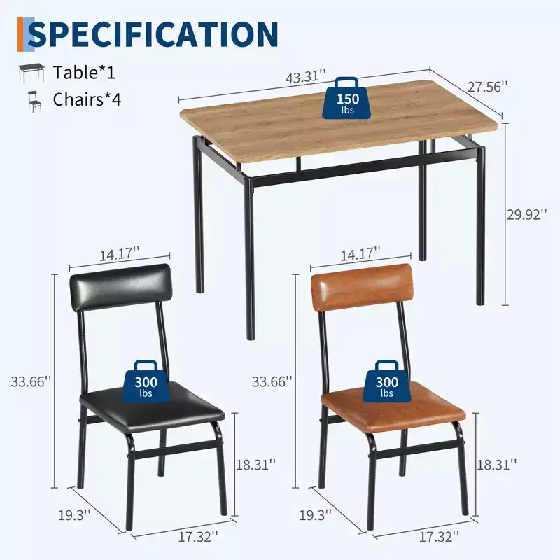 Dining Table Set for 4, 5 Piece Wooden Dining Room Table Set, 4 PU Upholstered Chair,Metal Frame Dinette Set for Dining Room, Party, Apartment