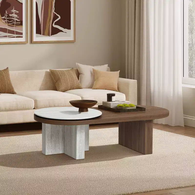 LuxenHome Travertine-Style and Walnut Finish MDF Wood Oval Coffee Table Brown