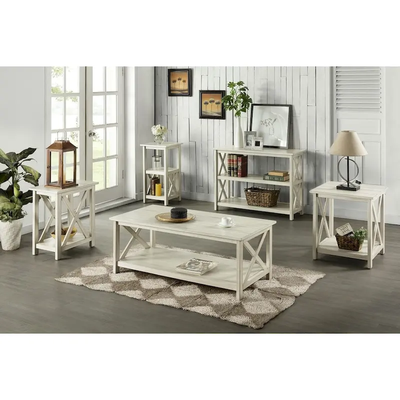 X-Base Side Table with Lower Shelf – Antique White, MDF & Solid Wood, Single-Person Assembly