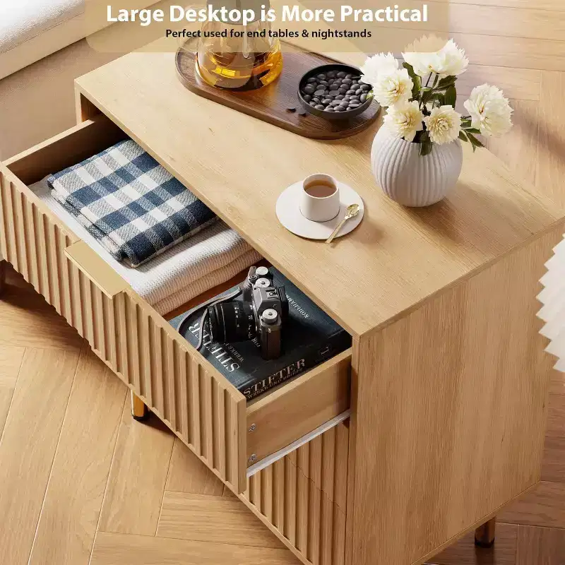 Dresser, 3 Drawer Natural Wooden Chest of Drawers, Fluted Modern Nightstand with Deep Drawers