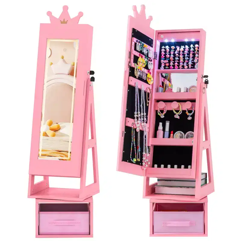 Costway 3 In 1 Kids Jewelry Cabinet w/3-Color Lighted Full Length Mirror Internal Mirror