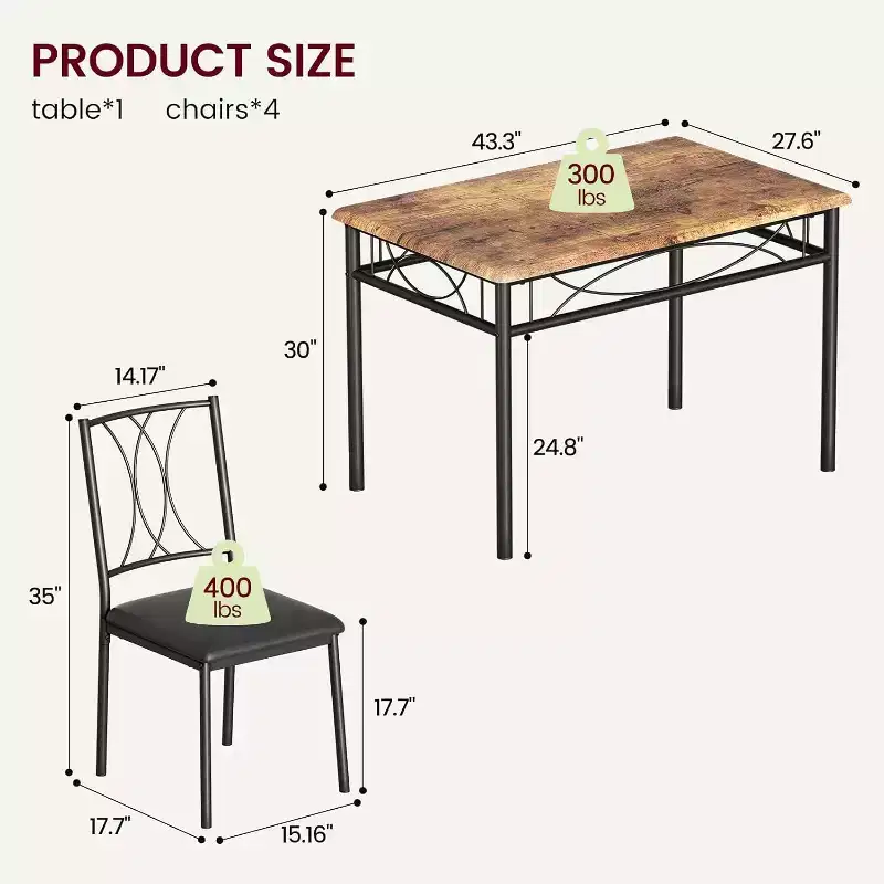 Farmhouse Wooden Dining Table Set for 4, Rectangular Kitchen Table with 4 Chairs, 5 Piece Small Table and Chairs Set