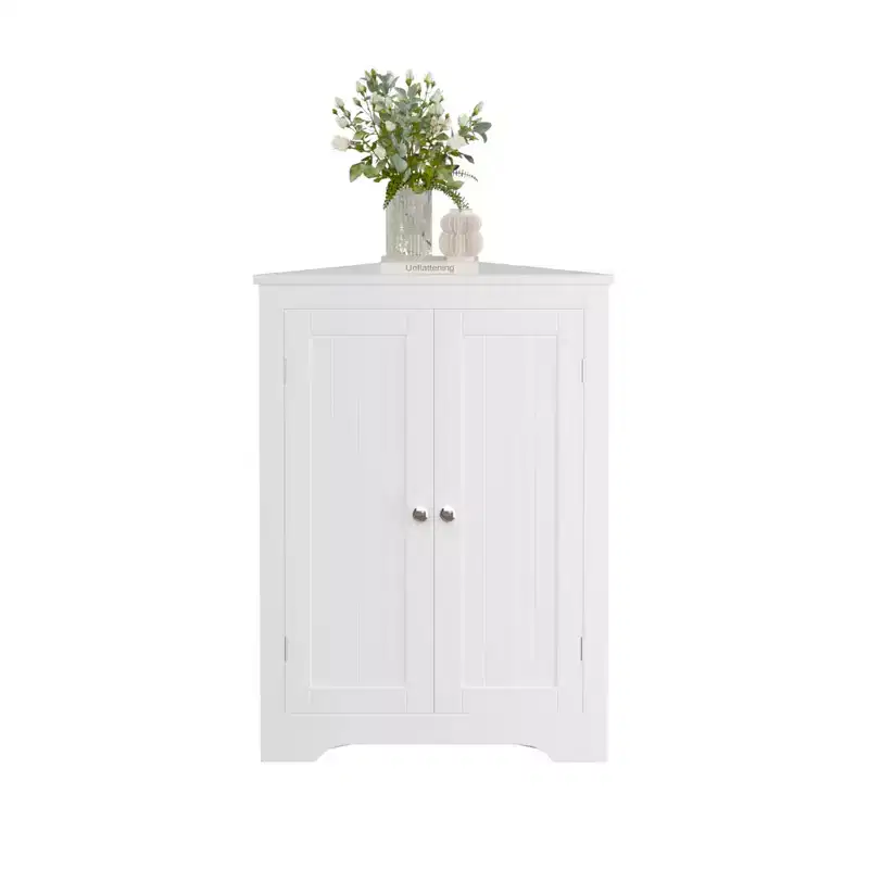 MAYEERTY White Floor Corner Cabinet with 2 Doors & Adjustable Shelves for Bathroom Kitchen Living Room