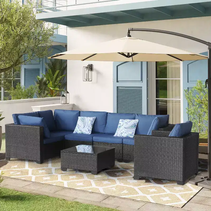 GDFStudio Hilary Modern 5 Seater PE Rattan and Iron Waterproof Upholstered Patio Conversation Set with Table