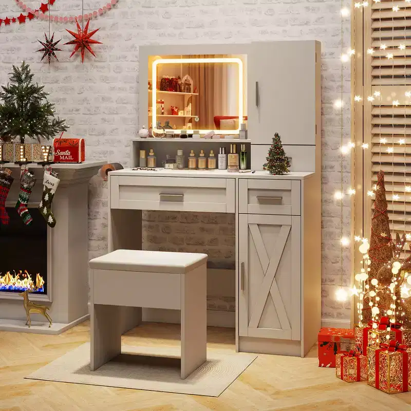 Costway Farmhouse Vanity Set w/Mirror & Lights 3 Lighting Modes & Adjustable Brightness