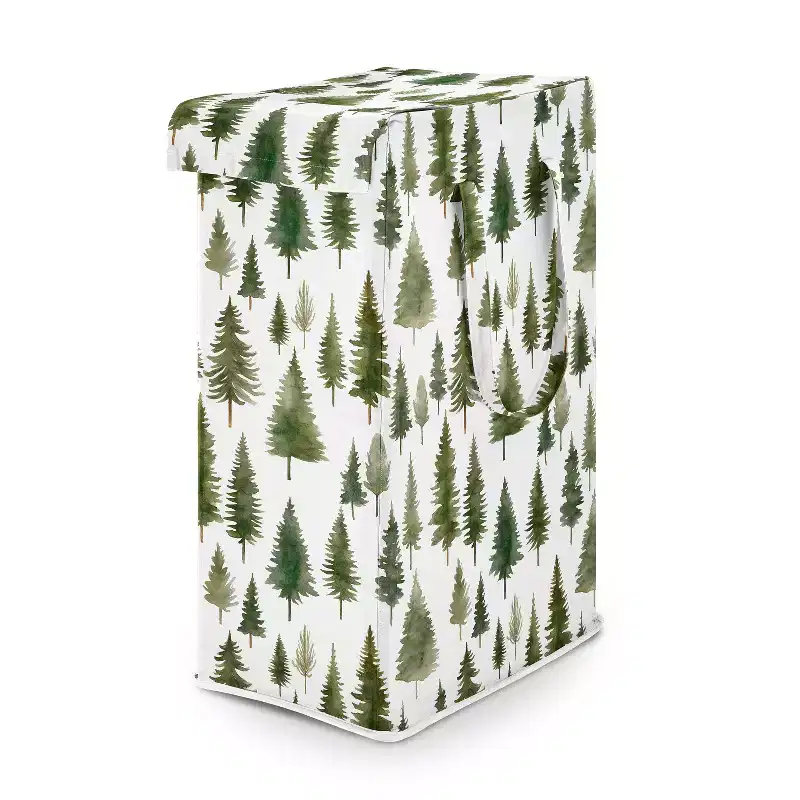 Foldable Laundry Hamper with Handles, Woodland Pine Tree Print, Green and White