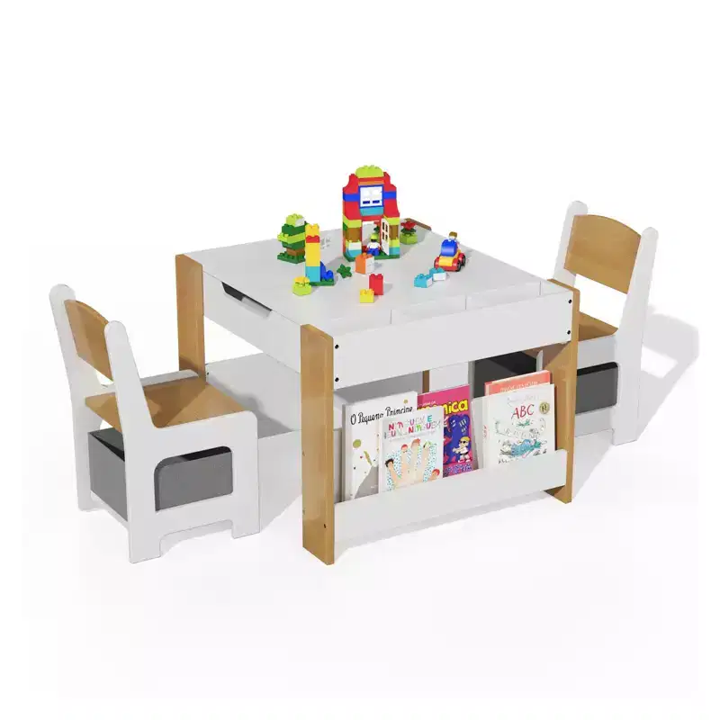 4-in-1 Activity Table Set with Detachable Tabletop, Table Set with Drawers and Bookshelf, Multifunctional Toddler Furniture for Drawing, Reading