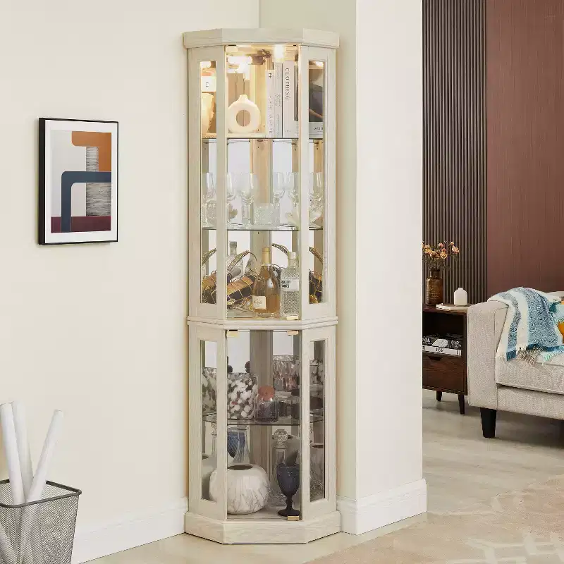 Cabinet with Lighted, Display Cabinet with Glass Doors, Corner China Cabinet with Tempered Adjustable Glass Shelves White