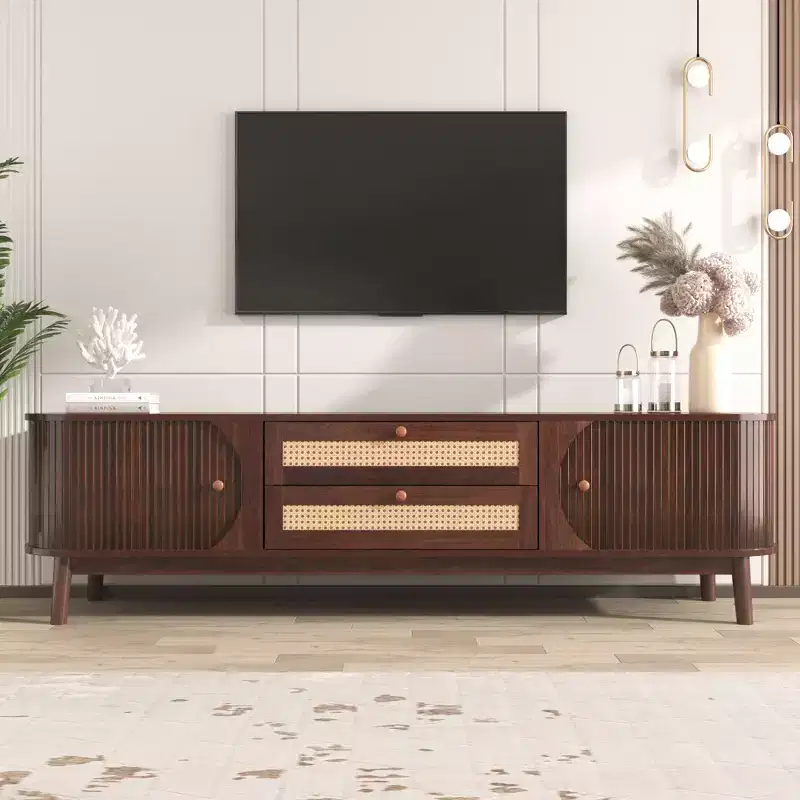 Clihome Rattan TV Stand for TVs up to 75'', Modern Farmhouse Media Console, Entertainment Center with Solid Wood Legs, TV Cabinet for Living Room