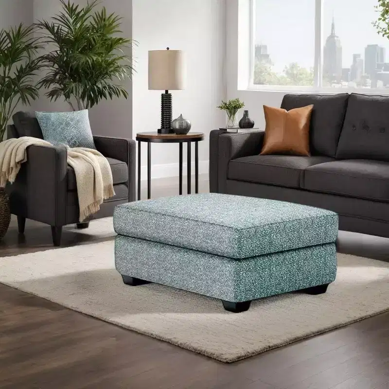 Royal Hampton Ottoman, Teal Blue Polyester Cushioned Top, Black Wood, 40 Inch