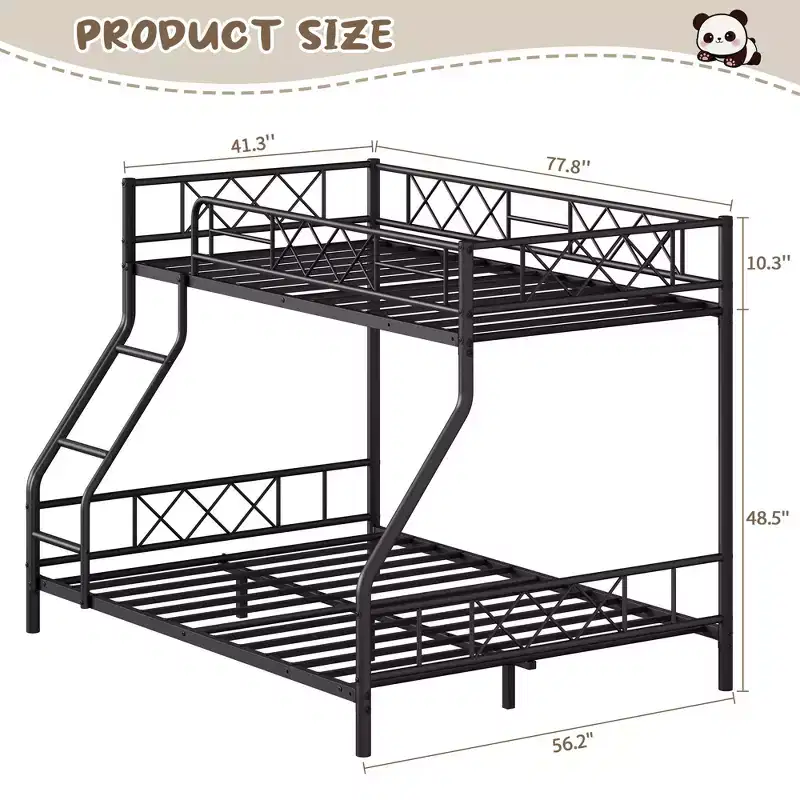Metal Twin Over Full Bunk Bed for Adults & Teens, Low Profile Bunk Bed with Safety Guardrail and Ladder, No Box Spring Needed, Space-Saving