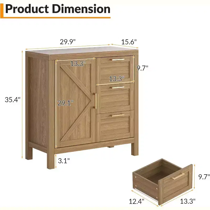 35.4 Modern Farmhouse Sideboard Buffet Cabinet with Doors, Drawers & Adjustable Shelf for Kitchen, Dining, or Living Room