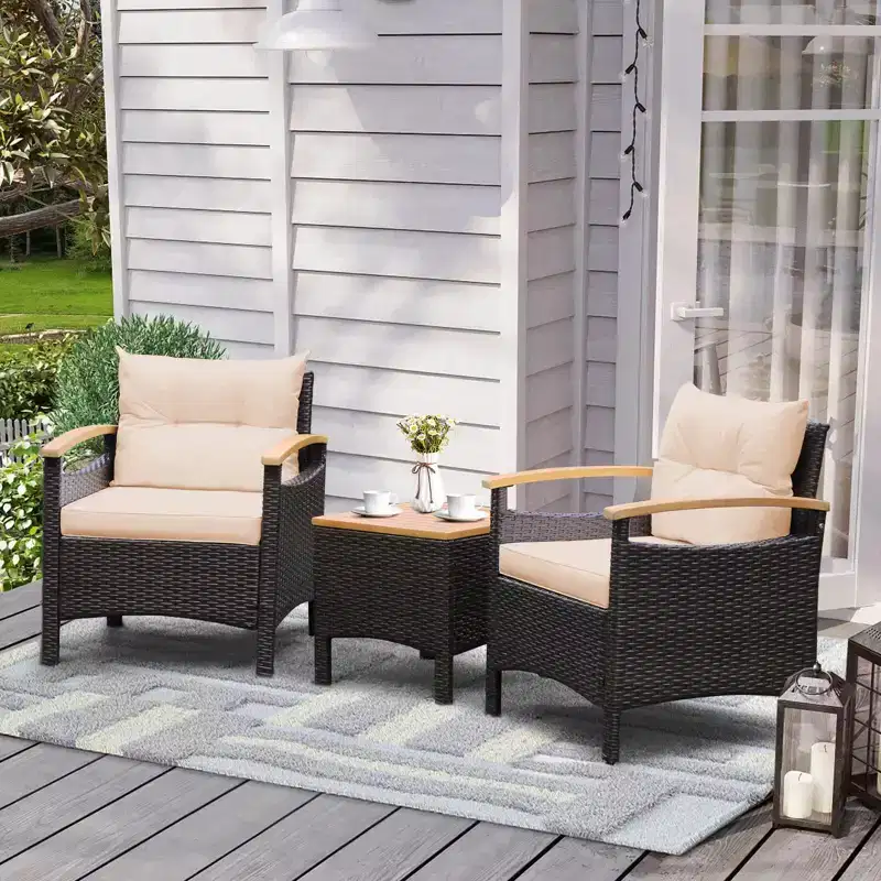 Costway 3PCS Patio Rattan Furniture Set Wooden Armrest Table Top Cushioned Deck Beige/Navy/Off White