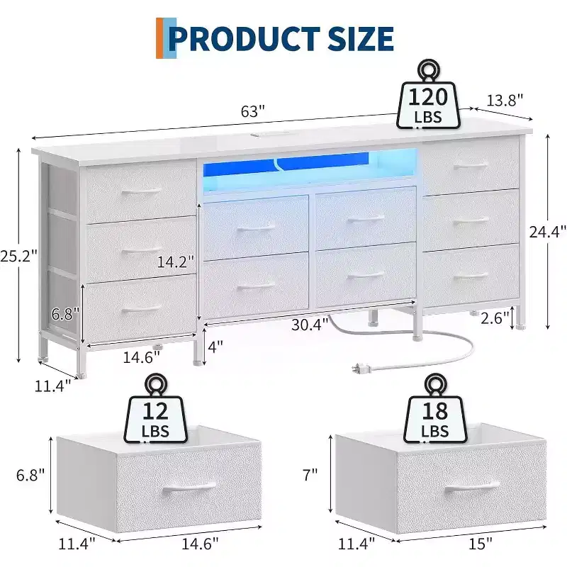 TV Stand for 65, 70, 75 Inch TV 10 Drawer Long Dresser with Power Outlets LED Lights, 63 Inch Entertainment Center TV Stand Dresser Storage Drawers