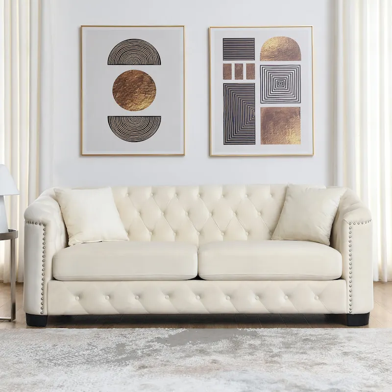 77-Inch Tufted Velvet Sofa, 3-Seater with Nailhead Arms and 2 Cushions
