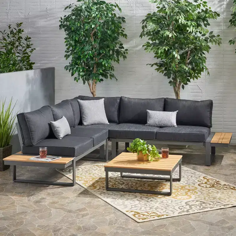 GDFStudio Johana Outdoor Aluminum V-Shaped 5 Seater Sofa Set with Cushions
