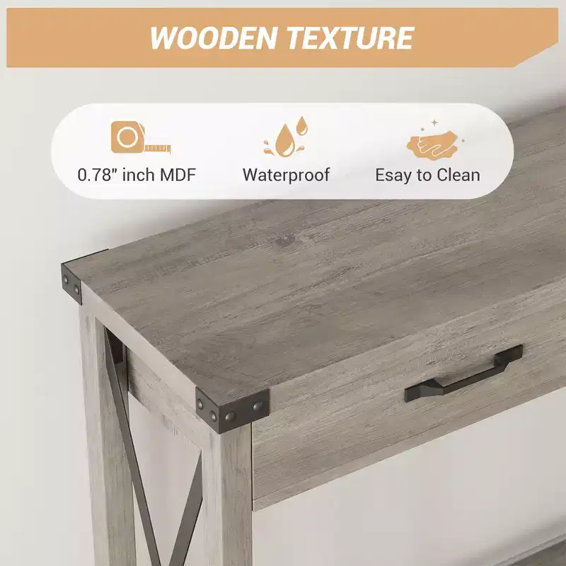 Gray Console Table with 2 Drawers, X-Metal Legs, Open Shelf – 110x30x80cm, 1-Person Use