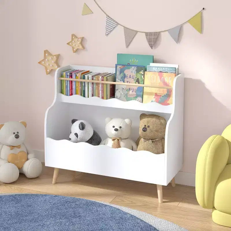 White Two-Tier Kids Bookshelf with Wavy Compartments & Wooden Legs