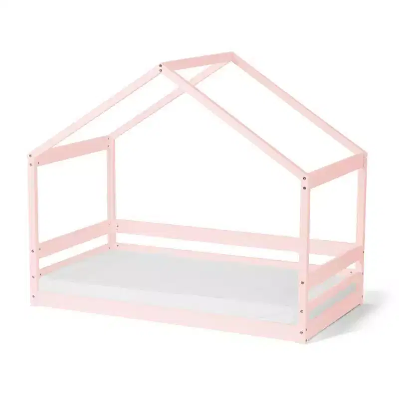 Trellis House Toddler Bed, Safe Low-Profile Kids Bed Frame with House-Shaped Headboard