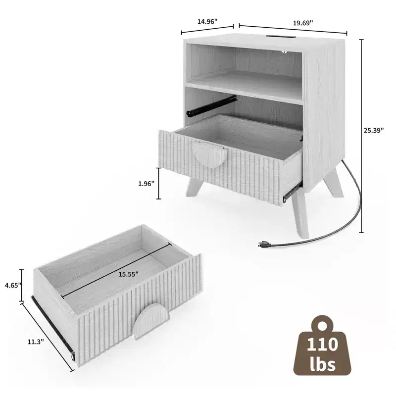 Fluted Nightstand with 2 Drawers & Open Shelf, Modern Wooden Bedside Table for Bedroom, End Table with Storage for Living Room