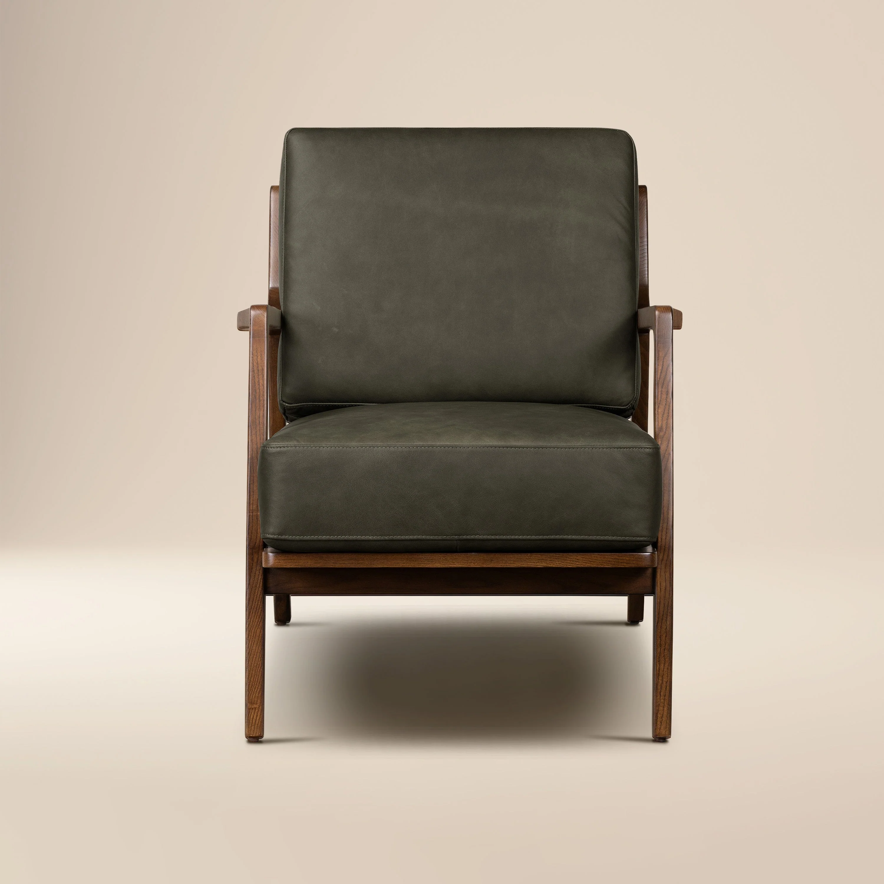 Modern Olivine Green Leather Lounge Chair with Kiln-Dried Wood Frame