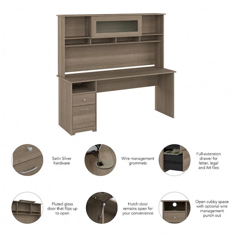 72W Computer Desk with Hutch and Drawers by