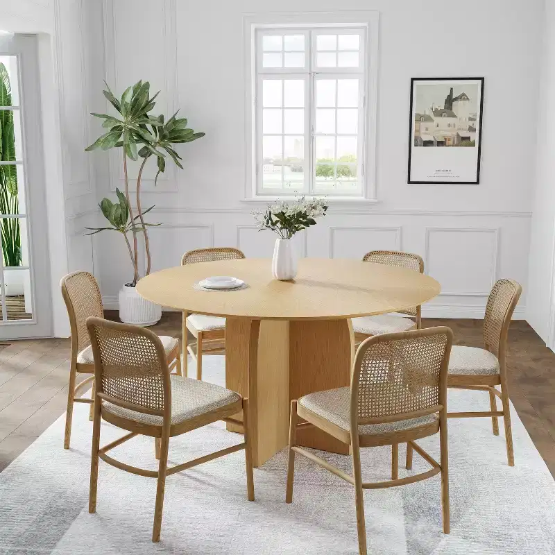 52 x 52 Solid Wood Round Dining Table with Natural Finish and Elegant Arched Legs for Modern Dining Rooms & Kitchens