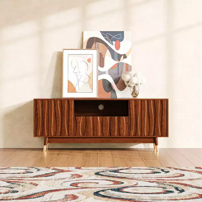 ATJafurn 55.1 Walnut Brown TV Stand with Drawer and Cabinet for 55 TVs, Mid Century Modern Entertainment Center with Open Shelf for Living Room