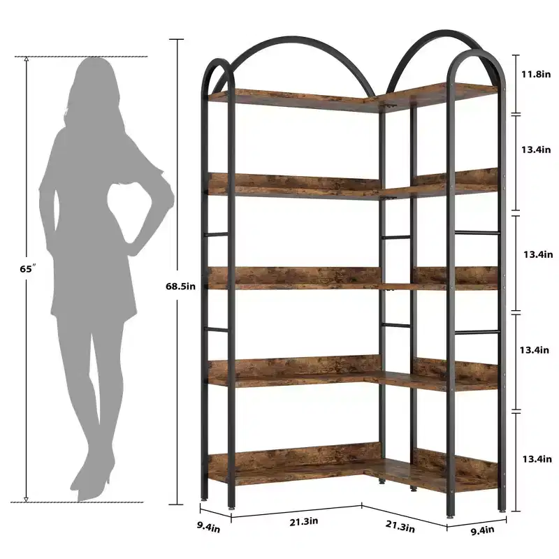 Industrial Corner Bookcase, 5-Tier L-Shaped Shelf, Arched Corner Bookcase with Metal Frame, Large Bookcase for Living Room and Bedroom