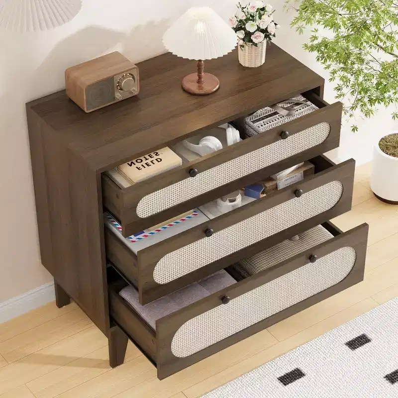 Rattan 3 Different Drawer Dresser for Bedroom,Natural Modern Closet Dresser with Wooden, Handles and Wooden Legs