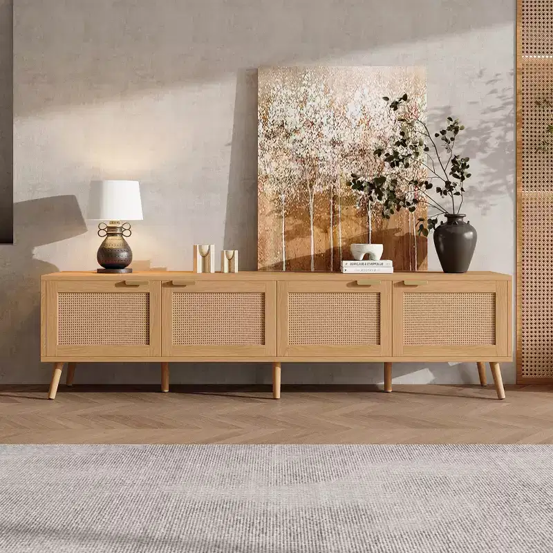 JVNOXK70inch Modern TV Stand with Rattan Doors for TVs up to 80, Media Console with Storage Space & Cable Holes, Entertainment Center for Living Room