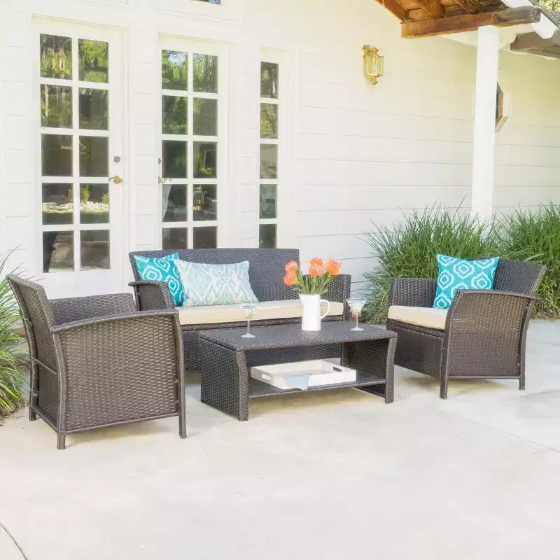 GDFStudio Clearwater Outdoor Wicker 4 Seater Chat Set with Cushions