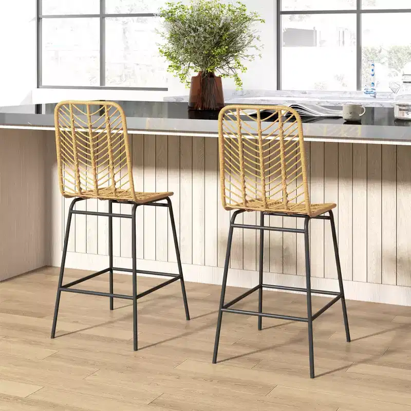 Set of 2 Rattan Barstools, Wicker Counter Stools with Steel Legs and Footrest, Yellow