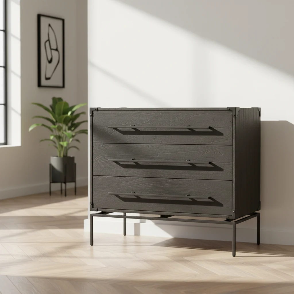 Dark Brown Solid Wood 3-Drawer Accent Cabinet with Black Iron Base